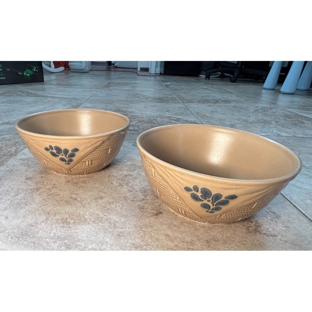 Vintage Pfaltzgraff Folk Art Basket Weave Serving Bowl Set Tan Blue USA 7.25" - Picture 2 of 7